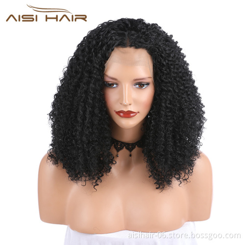 Aisi Hair Medium Long Natural Black Wig Afro Kinky Curly Lace Front Wig Party Front Lace Synthetic Hair Wigs For Black Women